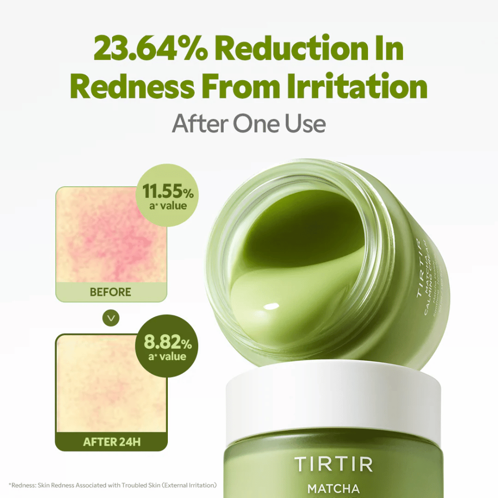 TIRTIR Matcha Calming Cream s ceramidmi, panthenolom a peptidmi, ktoré hydratujú, posilňujú kožnú bariéru a zlepšujú elasticitu pleti.