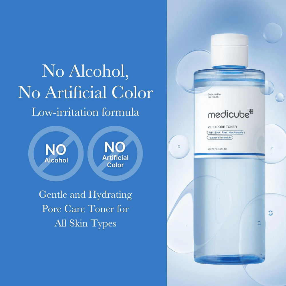 Medicube Zero Pore Toner 250 ml, hydratačné pleťové tonikum bez alkoholu a umelých farbív. Modrá fľaša s vodnými bublinami.