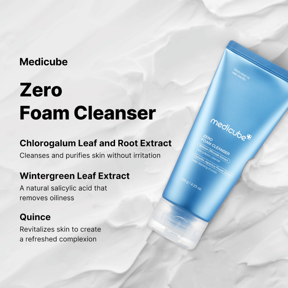 Medicube Zero Foam Cleanser – jemné a hĺbkové umývanie tváre.

🌿 Chlorogalum-extrakt – Čistí a čistí pleť bez podráždenia.
🍃 Wintergreen-extrakt – Prírodná salicylová kyselina, ktorá vyvažuje produkciu oleja.
🍏 Dulový extrakt – Oživuje pleť a dodáva svieži lesk.

Perfektné pre čistú, vyváženú a osvieženú pleť!