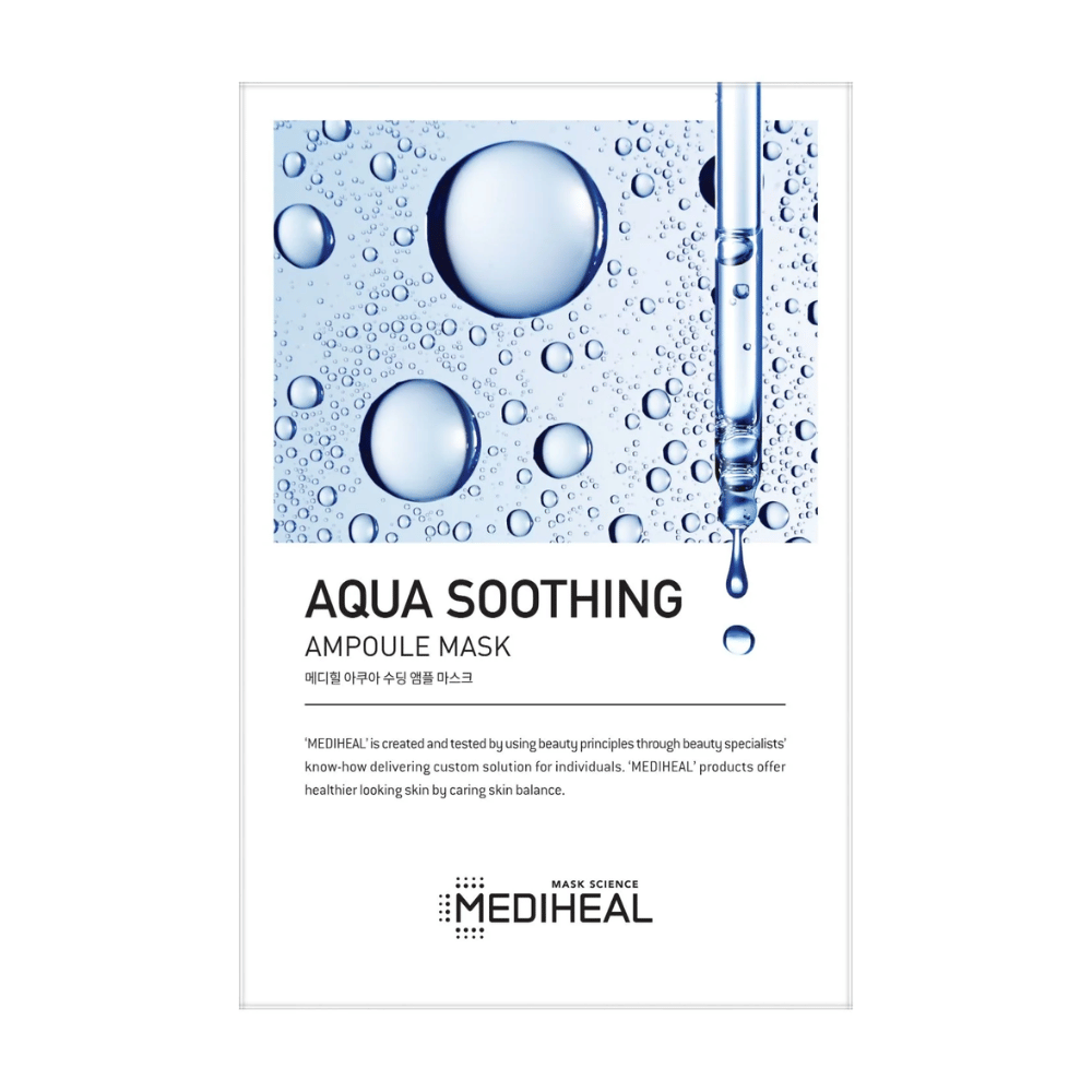 Balenie MEDIHEAL AQUA SOOTHING AMPOULE MASK s grafickým obrazom kvapiek vody a pipetou, ktorá púšťa kvapku, všetko na bielom pozadí. Logo značky MEDIHEAL je viditeľné v dolnej časti obrázka.