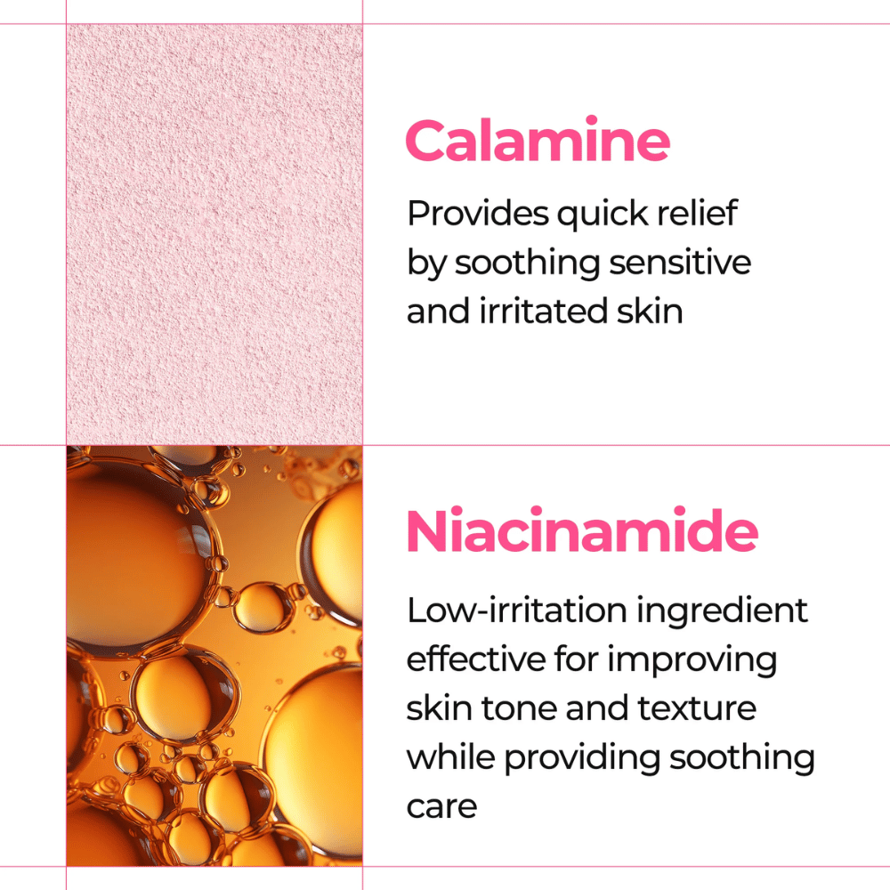 Detailný záber na kalamín a niacínamid, ktoré upokojujú citlivú pokožku v Dr. Melaxin Melting Cleanser