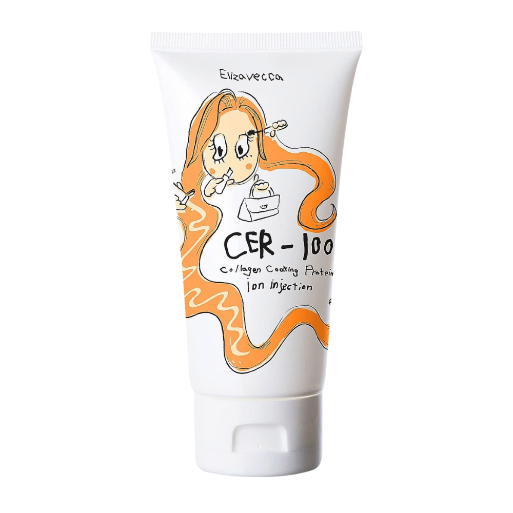 Produktový obrázok Elizavecca CER-100 Collagen Coating Protein Ion Injection s ilustrovaným dizajnom a oranžovými detailmi.