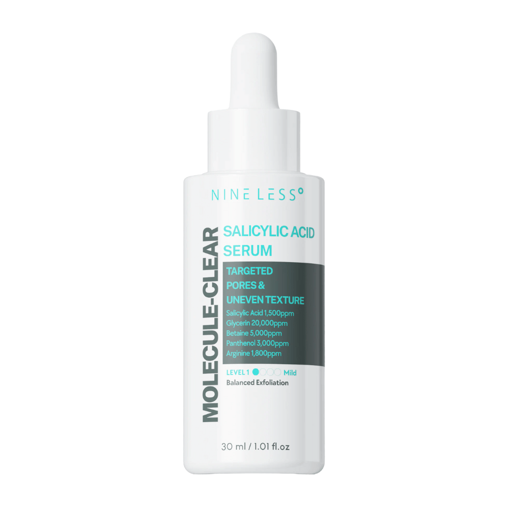 Nineless Molecule-Clear Salicylic Acid Serum 30 ml – exfoliačné sérum s BHA, glycerínom, betainom a panthenolom na zmenšenie pórov, vyrovnanie štruktúry pokožky a hydratáciu.