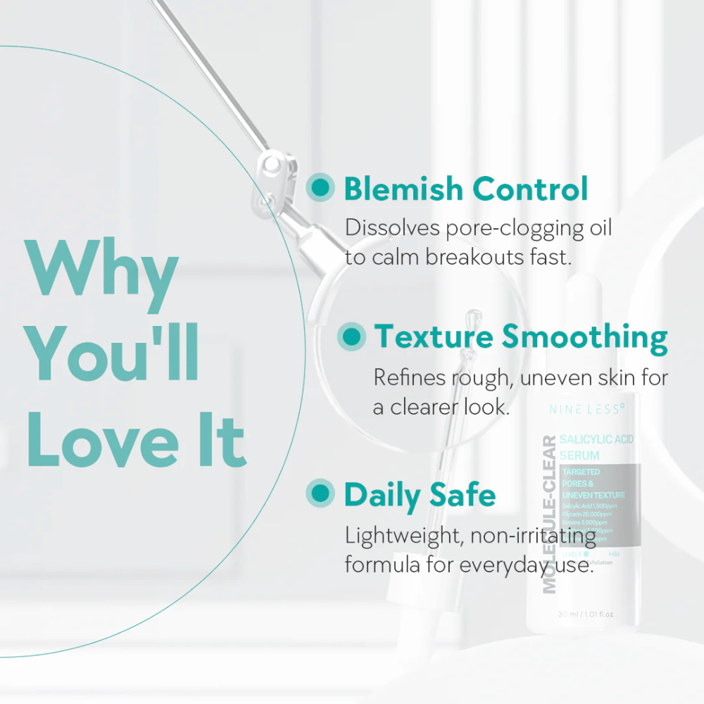 Výhody Nineless Molecule-Clear Salicylic Acid Serum: kontroluje akné rozpúšťaním pórov, vyrovnáva textúru pokožky a je bezpečné na každodenné použitie.