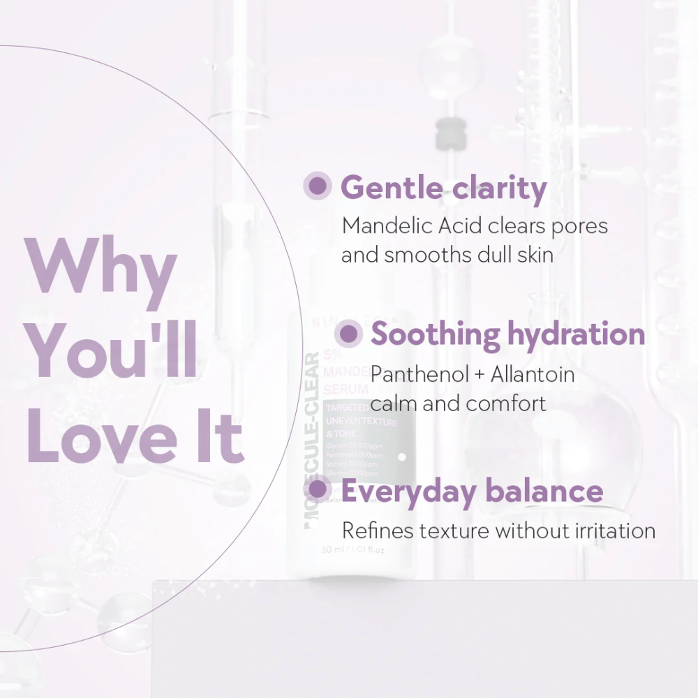 Grafika s textom, ktorý vysvetľuje výhody Nine Less Molecule-Clear 5% Mandelic Acid Serum: jemná jasnosť, upokojujúca hydratácia a denná rovnováha pre pokožku.