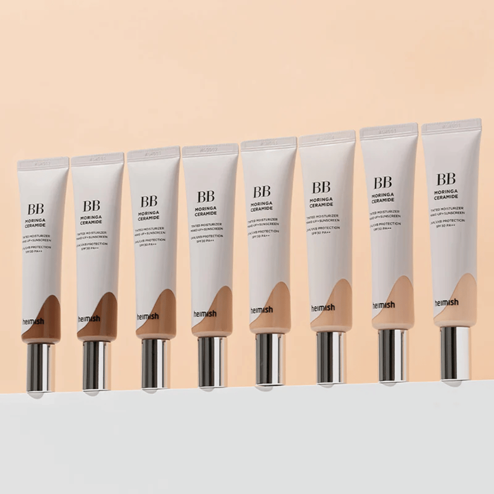 Rad Heimish Moringa Ceramide BB Cream vo viacerých farebných odtieňoch. Obrázok ilustruje rozmanitosť od svetlejších po tmavšie tóny, aby vyhovoval rôznym odtieňom pleti a potrebám.
