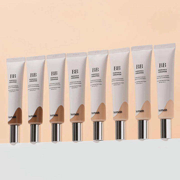 Rad Heimish Moringa Ceramide BB Cream vo viacerých farebných odtieňoch. Obrázok ilustruje rozmanitosť od svetlejších po tmavšie tóny, aby vyhovoval rôznym odtieňom pleti a potrebám.