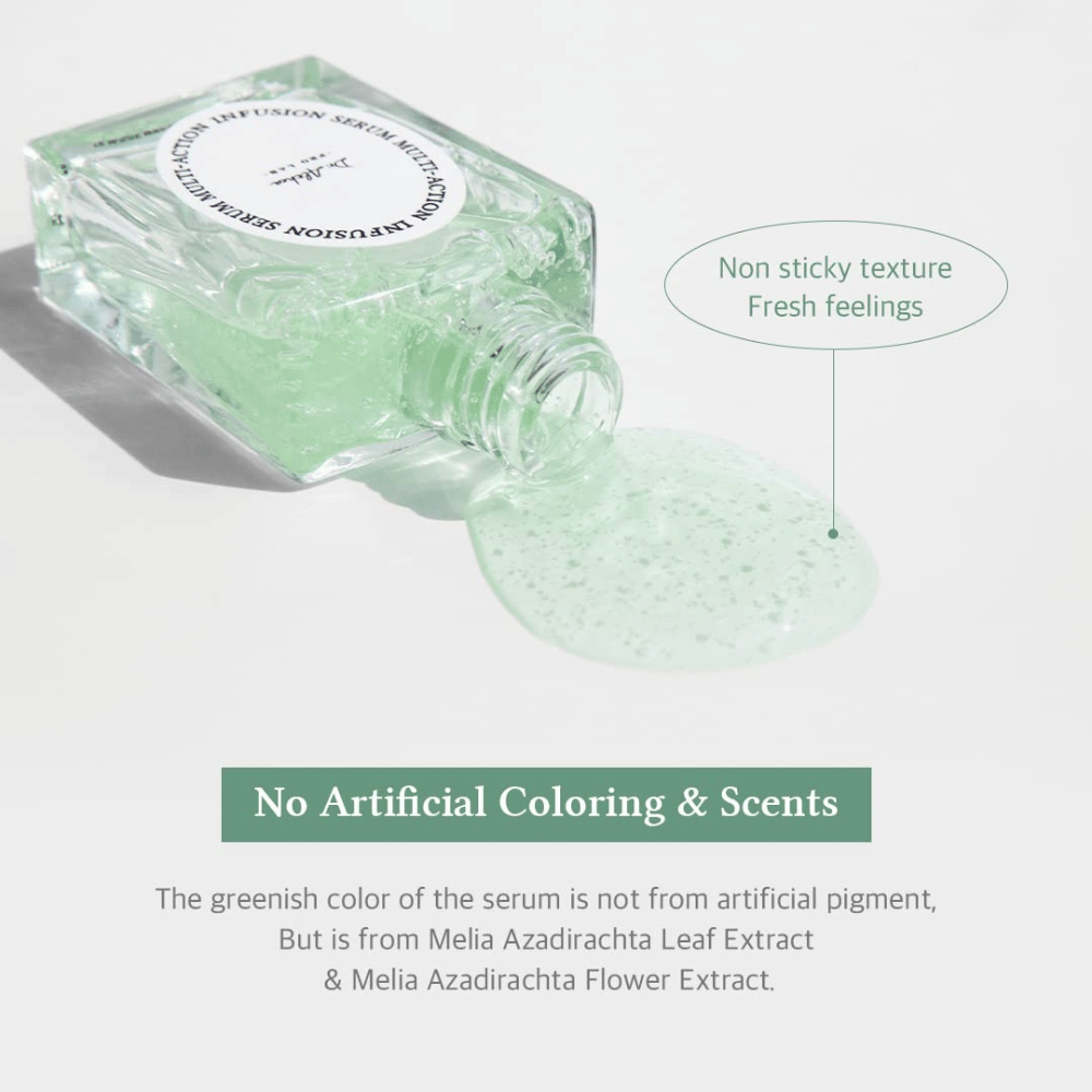 Dr. Althea Multi Action Infusion Serum s ľahkou, sviežou textúrou bez lepkavého pocitu, obohatené o prírodné ingrediencie a bez parfumu.