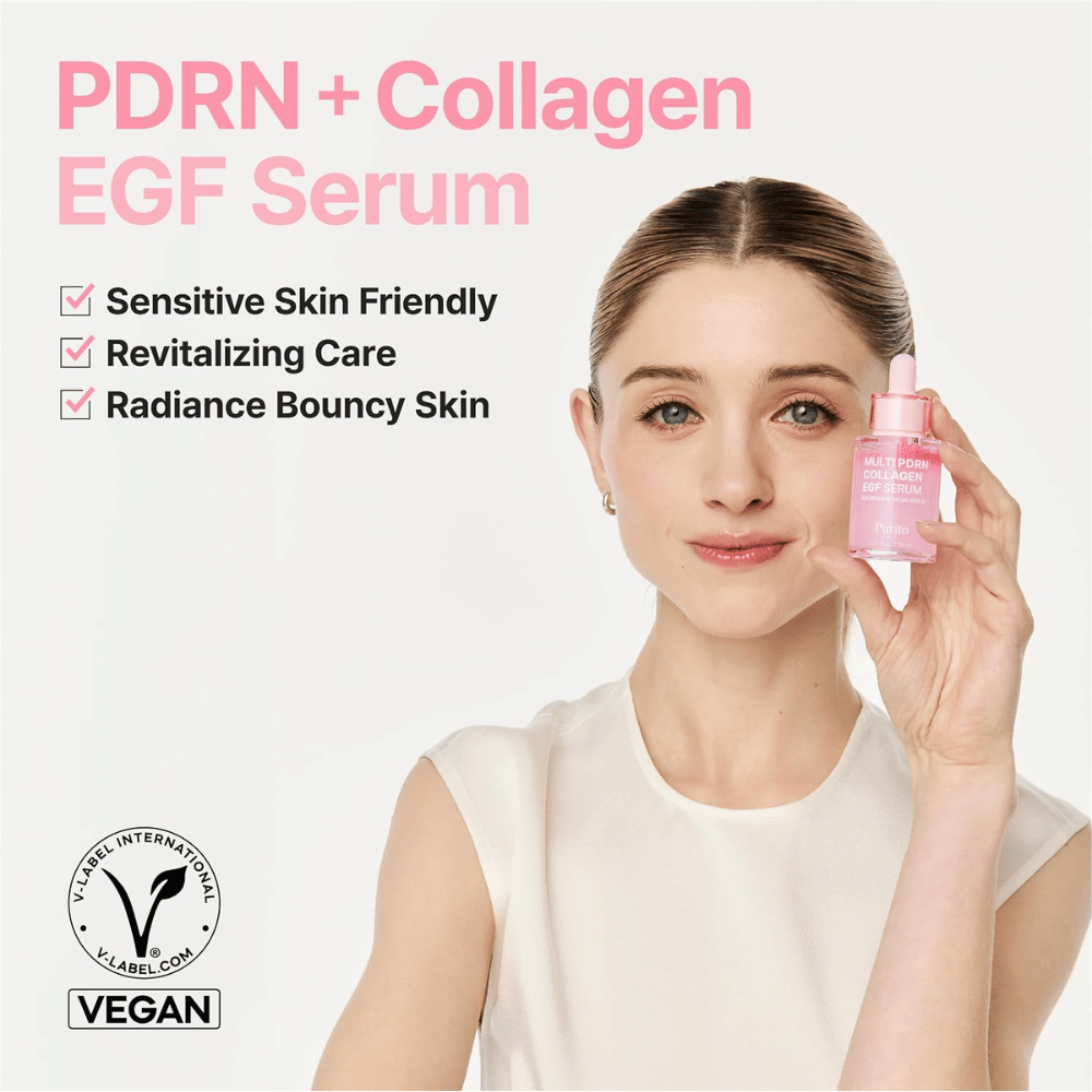 Purito Multi PDRN Collagen EGF Serum – vegánske sérum pre citlivú pleť, jas a pružnosť.