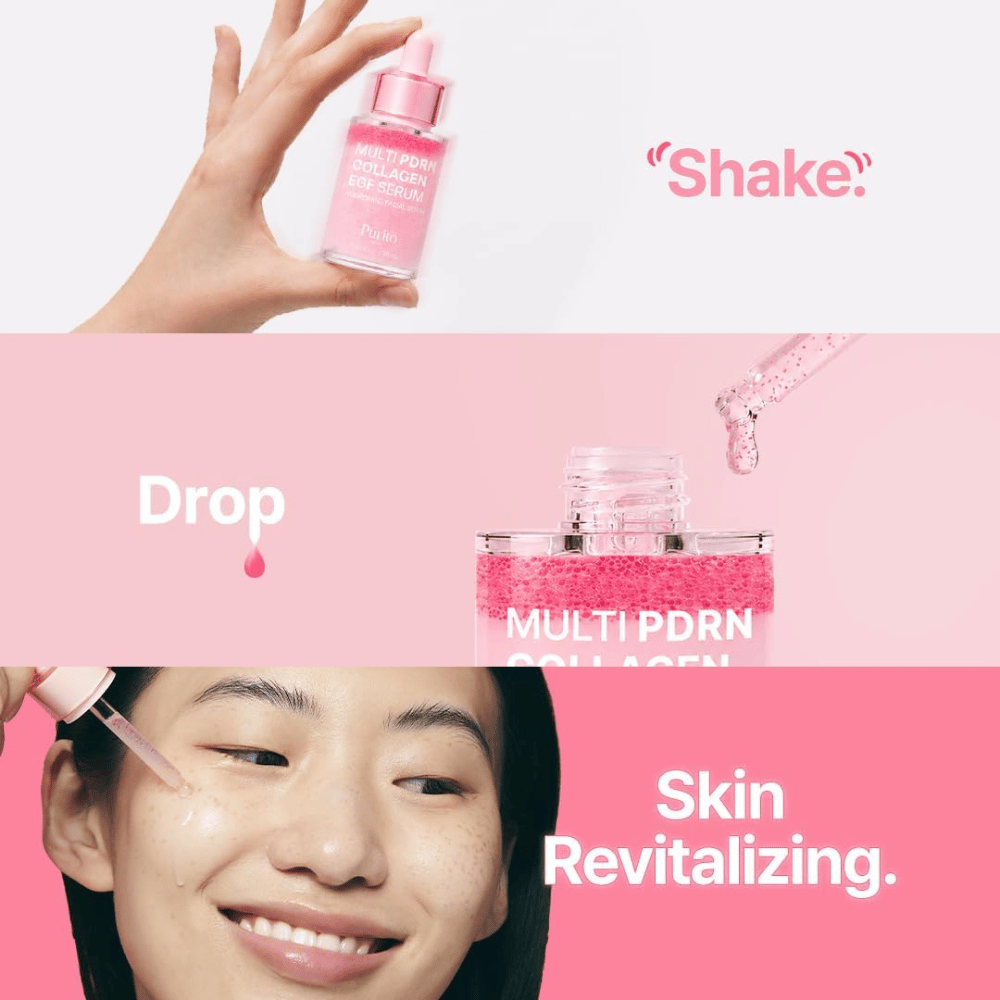 Purito Multi PDRN Collagen EGF Serum – aplikácia ružového séra pre hydratovanú a revitalizovanú pleť.