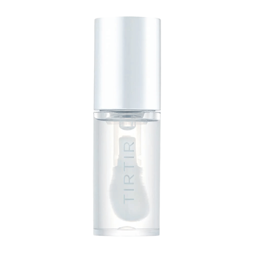 TIRTIR My Glow Lip Oil v priehľadnej fľaši s bielym uzáverom a minimalistickým dizajnom, izolovaný na bielom pozadí.