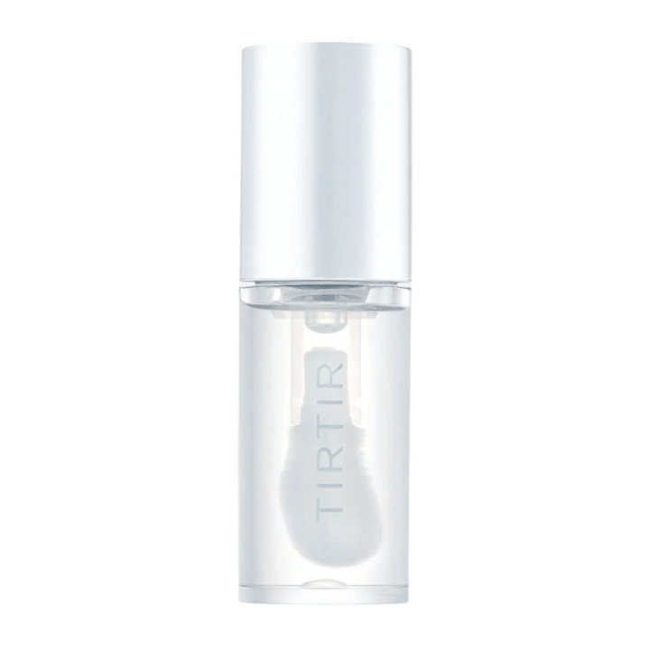 TIRTIR My Glow Lip Oil v priehľadnej fľaši s bielym uzáverom a minimalistickým dizajnom, izolovaný na bielom pozadí.