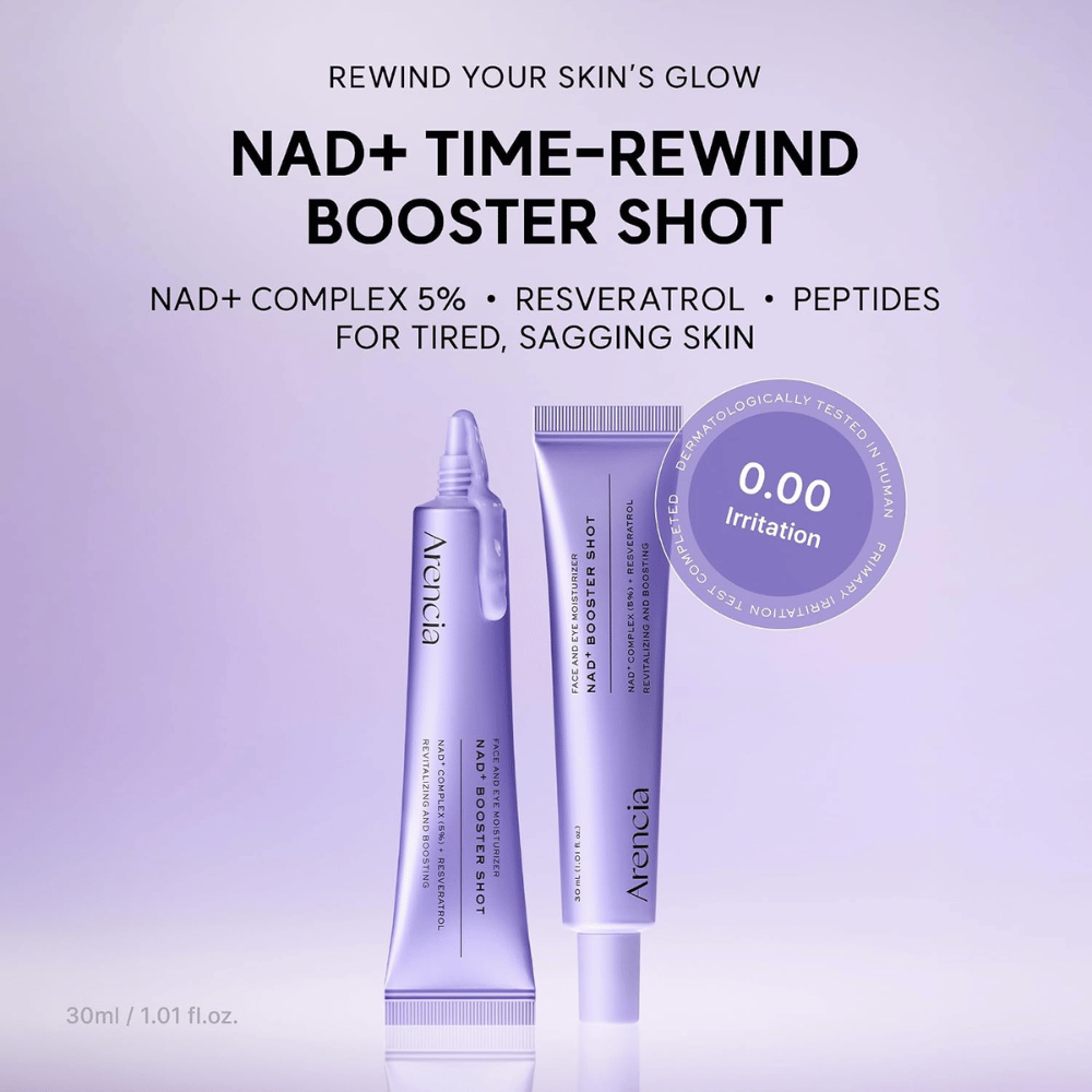 Arencia NAD+ Booster Shot s 5% NAD+ Complex, resveratrolom a peptidmi – dermatologicky testovaný pleťový krém pre unavenú a zrelú pleť.