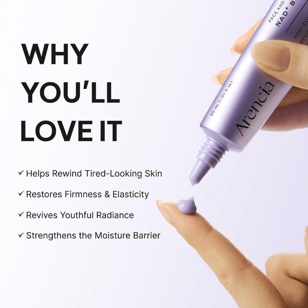 Arencia NAD+ Booster Shot 30 ml – vyživujúci pleťový krém, ktorý posilňuje kožnú bariéru a dodáva pevnosť, elasticitu a žiarivosť.