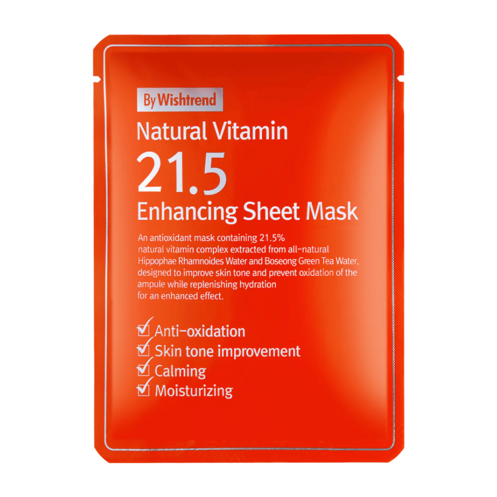 By Wishtrend Natural Vitamin 21.5% Enhancing Sheet Mask v červenom balení s bielym textom, ktorý zdôrazňuje jeho antioxidačné a hydratačné vlastnosti.