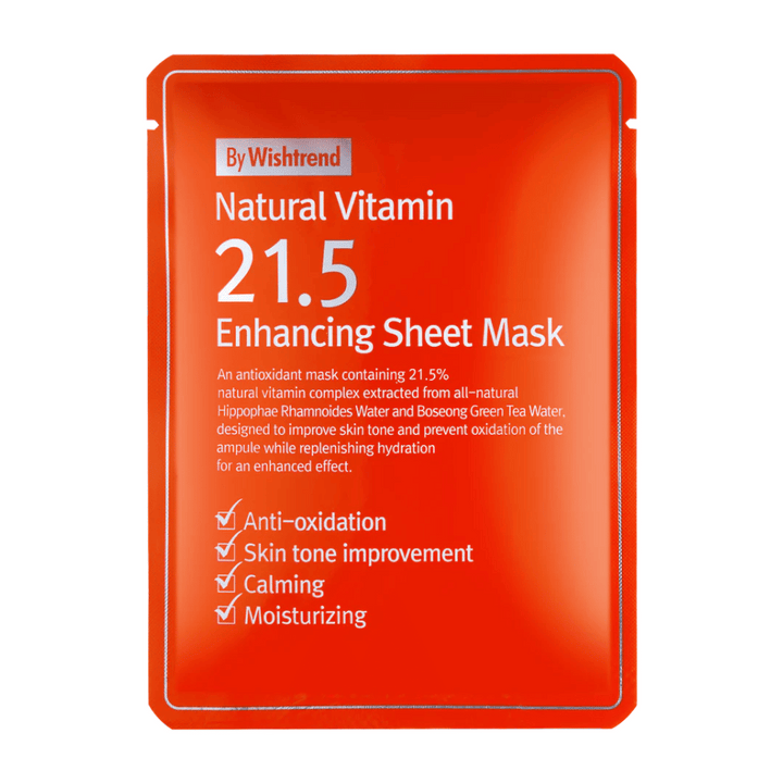 By Wishtrend Natural Vitamin 21.5% Enhancing Sheet Mask v červenom balení s bielym textom, ktorý zdôrazňuje jeho antioxidačné a hydratačné vlastnosti.