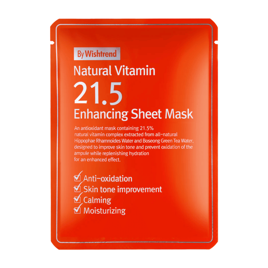 By Wishtrend Natural Vitamin 21.5% Enhancing Sheet Mask v červenom balení s bielym textom, ktorý zdôrazňuje jeho antioxidačné a hydratačné vlastnosti.