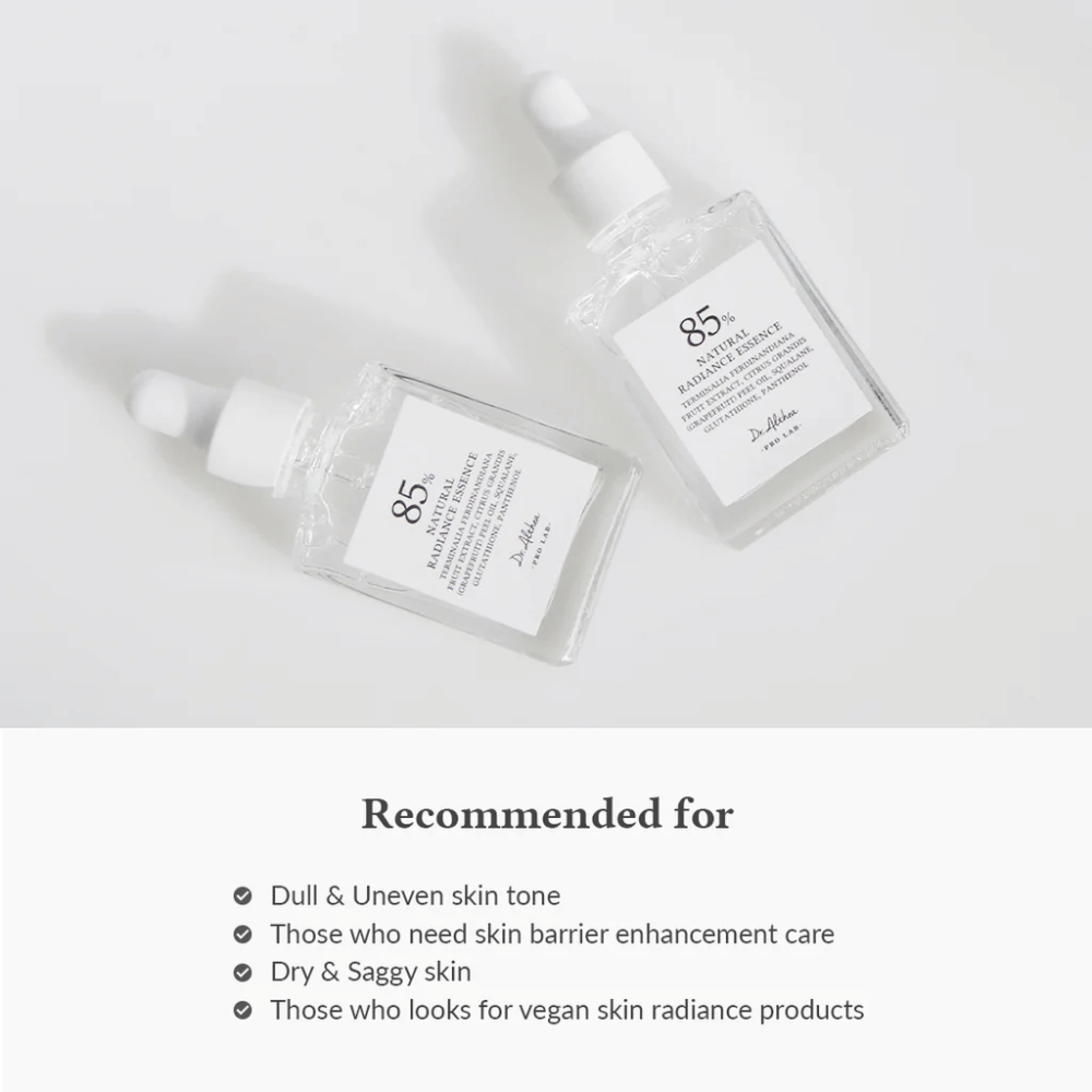 Dr. Althea Natural Radiance Essence s 85% výťažkom z Kakadu slivky, vhodný pre matnú pleť, nerovnomerný tón pleti a suchú pokožku, ktorá potrebuje posilnenú kožnú bariéru.