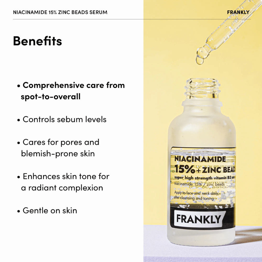 Fľaša s FRANKLY Niacinamide 15% + Zinc Beads Serum na žltom pozadí. Text uvádza výhody: vyrovnáva mastnotu, zmenšuje póry a vyrovnáva tón pleti.