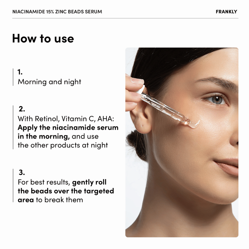 Žena aplikuje FRANKLY Niacinamide 15% + Zinc Beads Serum s pipetou na líce. Text vysvetľuje použitie ráno a večer a jemnú masáž perličiek.