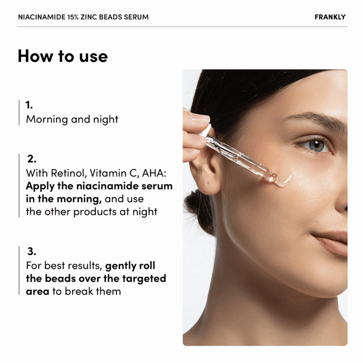 Žena aplikuje FRANKLY Niacinamide 15% + Zinc Beads Serum s pipetou na líce. Text vysvetľuje použitie ráno a večer a jemnú masáž perličiek.
