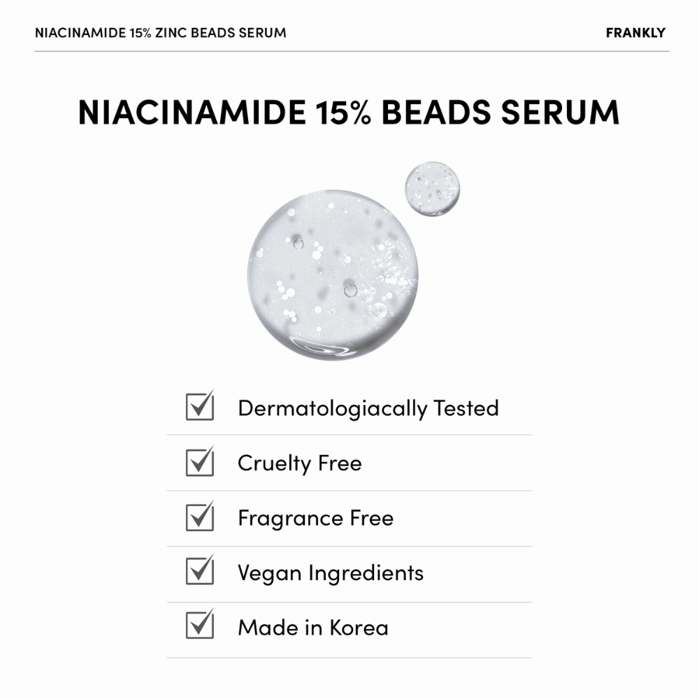 Číry gél s bielymi perličkami vo FRANKLY Niacinamide 15% + Zinc Beads Serum. Text ukazuje, že produkt je vegánsky, bez parfumov a dermatologicky testovaný.