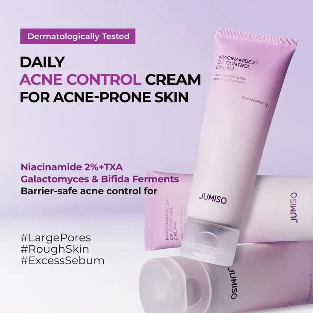 Marketingový obrázok JUMISO Niacinamide 2+ Oil Control Cream so zameraním na každodennú starostlivosť o pleť náchylnú na akné. Text opisuje zložky ako niacínamid, kyselina tranexámová, galactomyces a bifida ferment, ktoré pomáhajú kontrolovať maz a posilňovať kožnú bariéru.