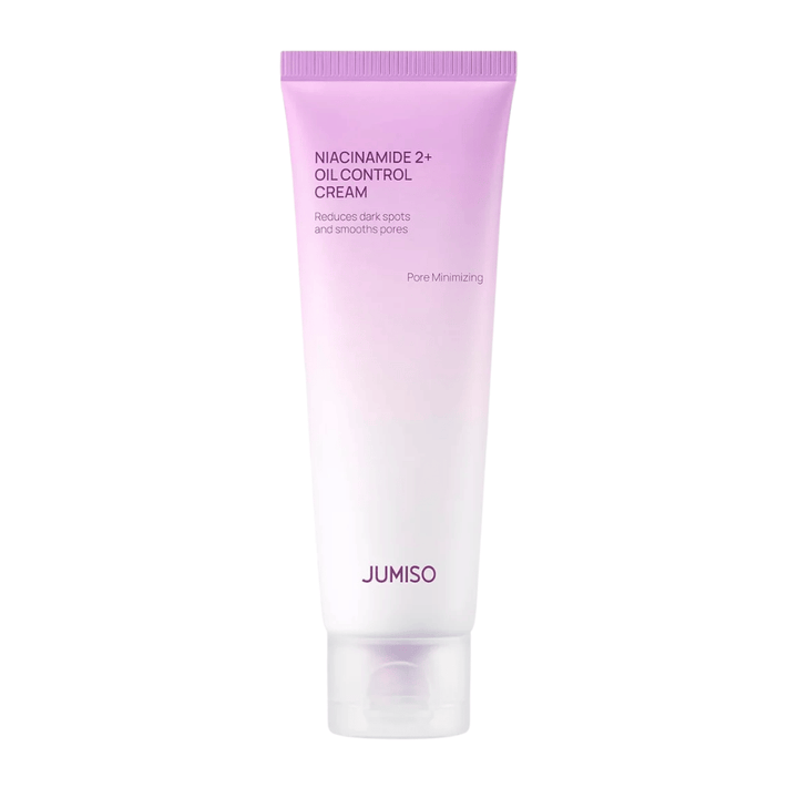 Produktový obrázok JUMISO Niacinamide 2+ Oil Control Cream na svetlom pozadí. Ružovo-biela tuba zdôrazňuje zameranie produktu na kontrolu mazu, zmenšenie pórov a zlepšenie tónu pleti pre mastnú a zmiešanú pleť.