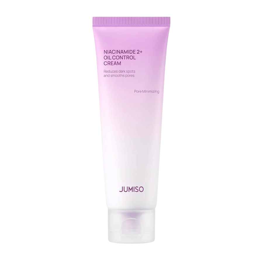 Produktový obrázok JUMISO Niacinamide 2+ Oil Control Cream na svetlom pozadí. Ružovo-biela tuba zdôrazňuje zameranie produktu na kontrolu mazu, zmenšenie pórov a zlepšenie tónu pleti pre mastnú a zmiešanú pleť.