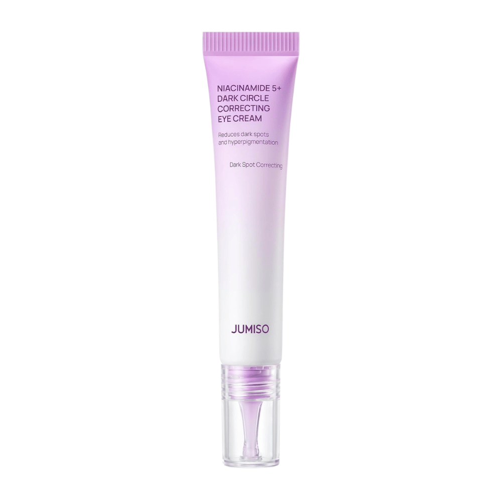 5. Jumiso Niacinamide 5+ Dark Circle Correcting Eye Cream – fialová a biela tuba s priehľadným aplikátorom na bielom pozadí