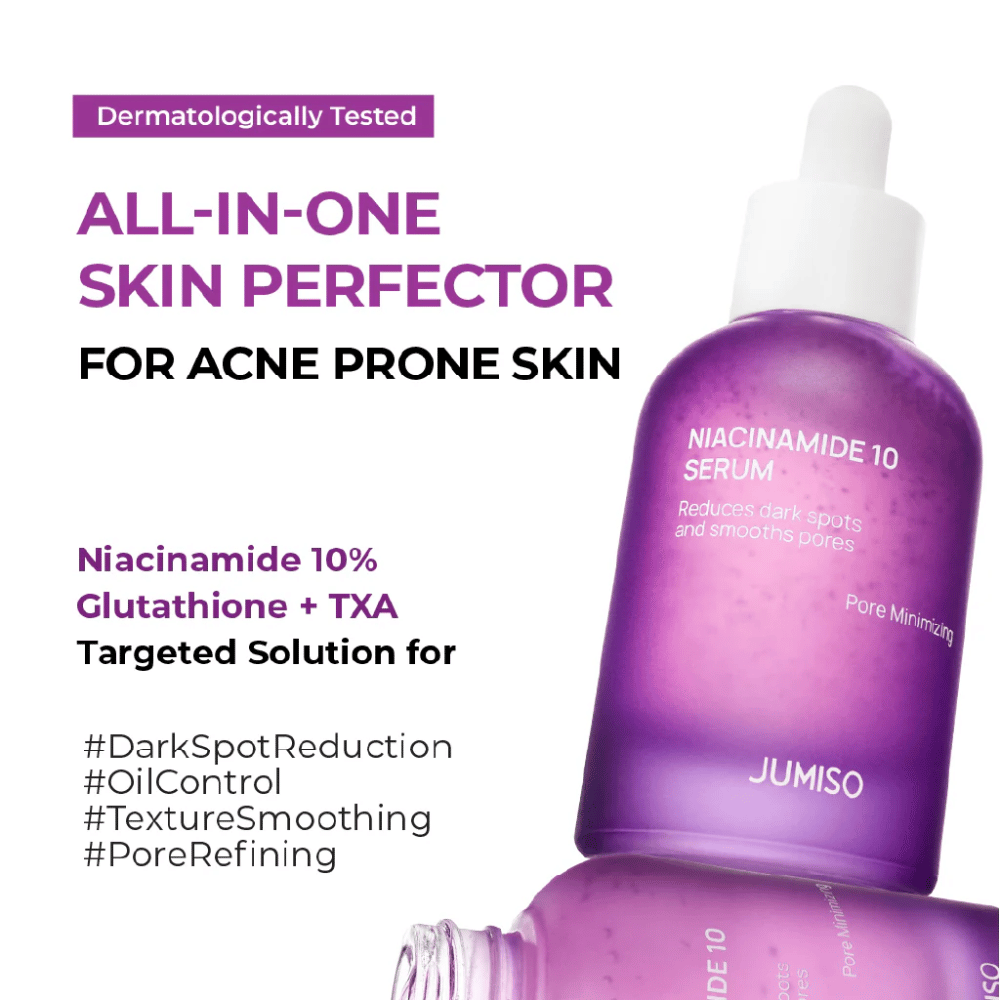 Jumiso Niacinamide 10 Serum – sérum všetko-v-jednom pre pleť náchylnú na akné s 10 % niacínamidu, glutatiónom a TXA, ktoré znižuje tmavé škvrny a póry.