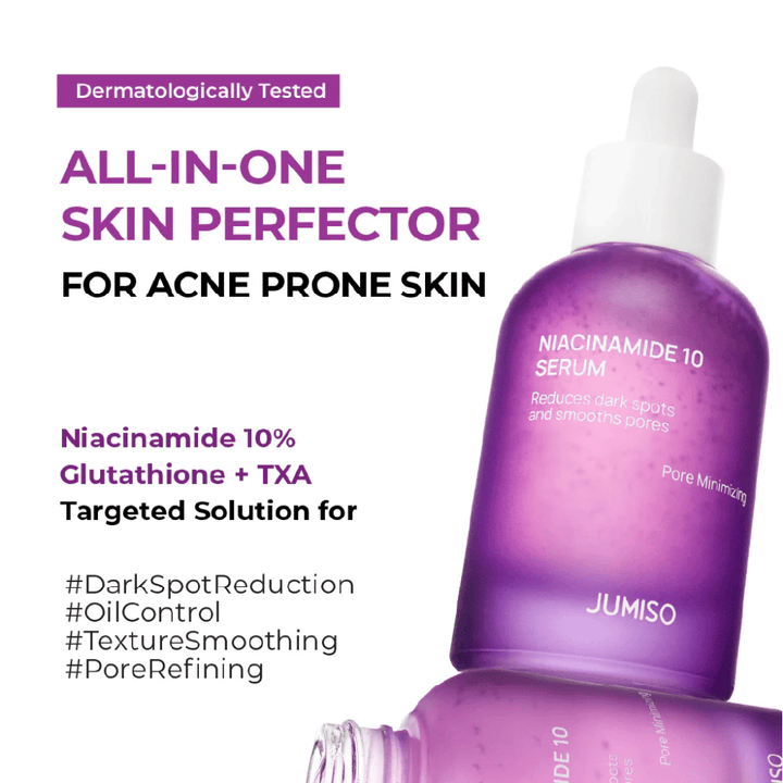 Jumiso Niacinamide 10 Serum – sérum všetko-v-jednom pre pleť náchylnú na akné s 10 % niacínamidu, glutatiónom a TXA, ktoré znižuje tmavé škvrny a póry.