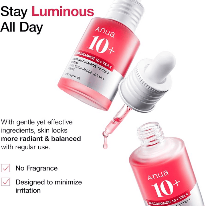 Vysoko účinné sérum s 10% niacínamidom a 4% tranexamovou kyselinou pre rovnomernejší, žiarivý tón pleti. Formula bez parfumov, ktorá minimalizuje podráždenie a vyrovnáva pleť.