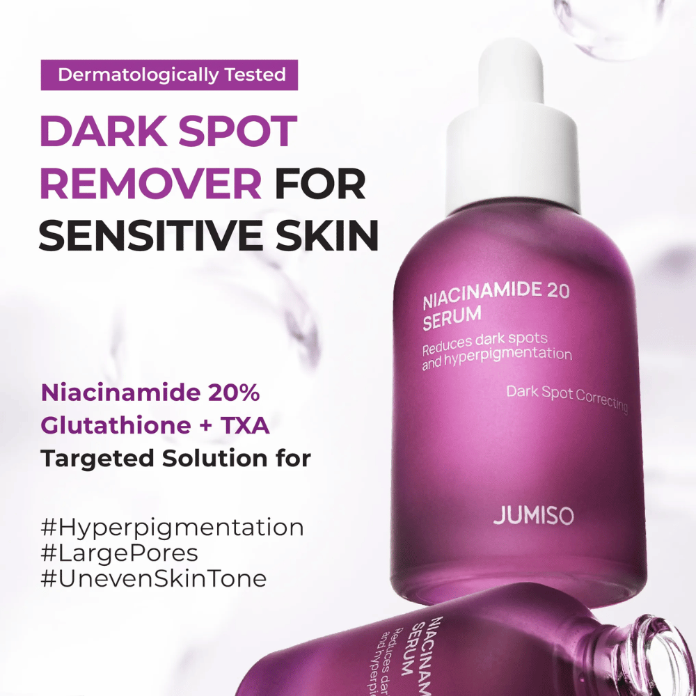 Jumiso Niacinamide 20 Serum – silné sérum s 20 % niacínamidu, glutathionom a TXA, ktoré redukuje tmavé škvrny a hyperpigmentáciu, vhodné aj pre citlivú pleť.