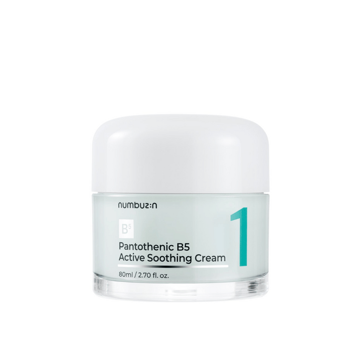 Numbuzin No.1 Pantothenic B5 Active Soothing Cream 80 ml v svetlozelenej nádobe s bielym vrchnákom a jasným číslom 1 vytlačeným na prednej strane.
