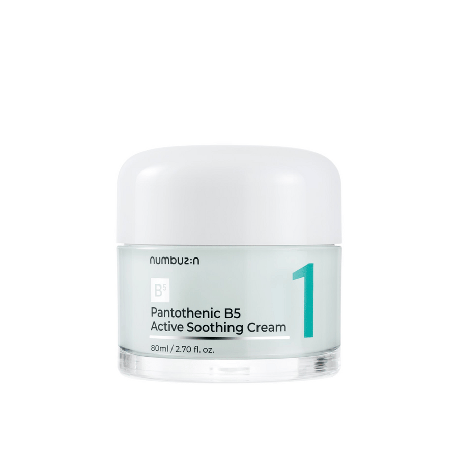 Numbuzin No.1 Pantothenic B5 Active Soothing Cream 80 ml v svetlozelenej nádobe s bielym vrchnákom a jasným číslom 1 vytlačeným na prednej strane.