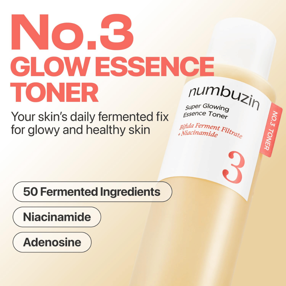Numbuzin No.3 Glow Essence Toner – denná fermentovaná esencia pre sviežu, hydratovanú a žiarivú pokožku.