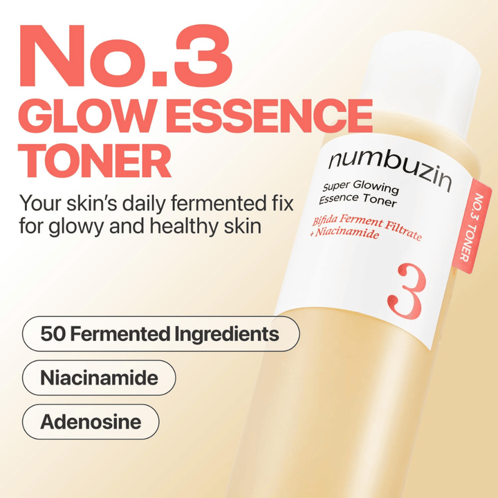Numbuzin No.3 Glow Essence Toner – denná fermentovaná esencia pre sviežu, hydratovanú a žiarivú pokožku.