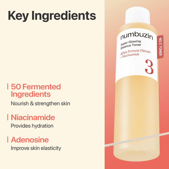 Numbuzin No.3 Toner obsahuje 50 fermentovaných ingrediencií, niacínamid a adenosín, ktoré posilňujú a hydratujú pokožku.