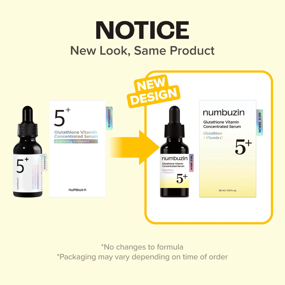 numbuzin No.5+ Glutathione Vitamin Concentrated Serum v novom dizajne balenia – rovnaké zloženie pre jas a zjednotený tón pleti.
