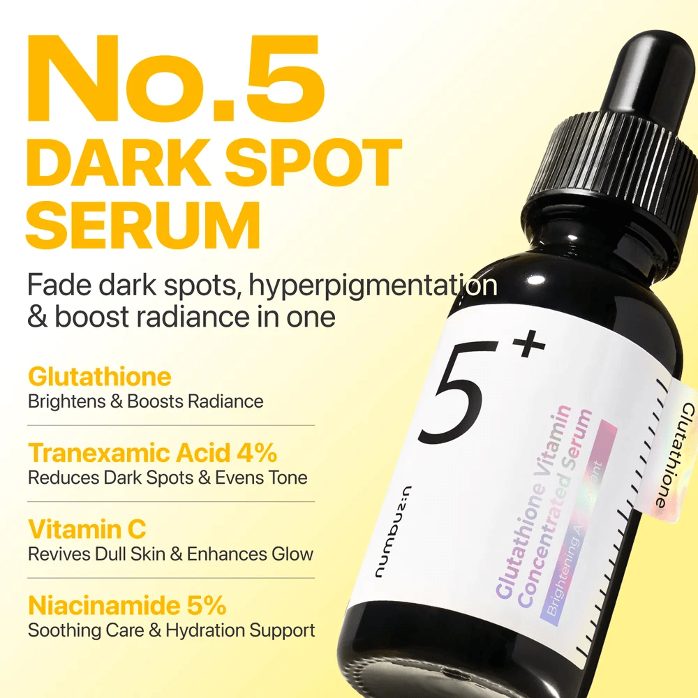 numbuzin No.5+ Glutathione Vitamin Concentrated Serum – rozjasňujúce sérum s glutatiónom, tranexamovou kyselinou, vitamínom C a 5 % niacínamidu.