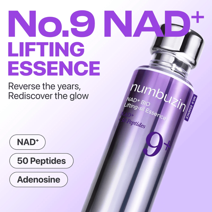 Numbuzin No.9 NAD+ Lifting Essence – silná esencia s NAD+, peptidmi a adenosínom, ktorá obnovuje žiarivosť a pevnosť pokožky.