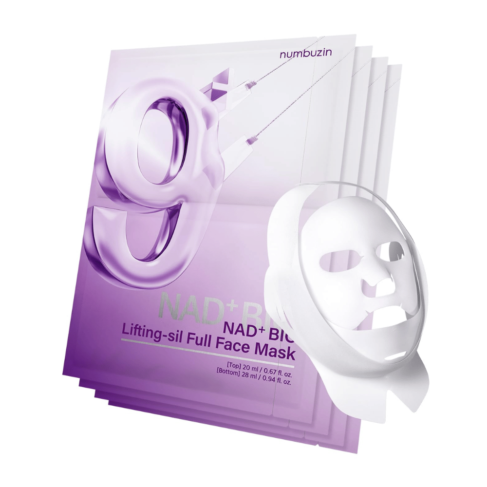 Balenie s pleťovými maskami od No.9 NAD Bio Lifting-sil, vrátane celej pleťovej masky z priehľadného materiálu a balenia, ktoré ukazuje použitie produktu na lifting tváre.