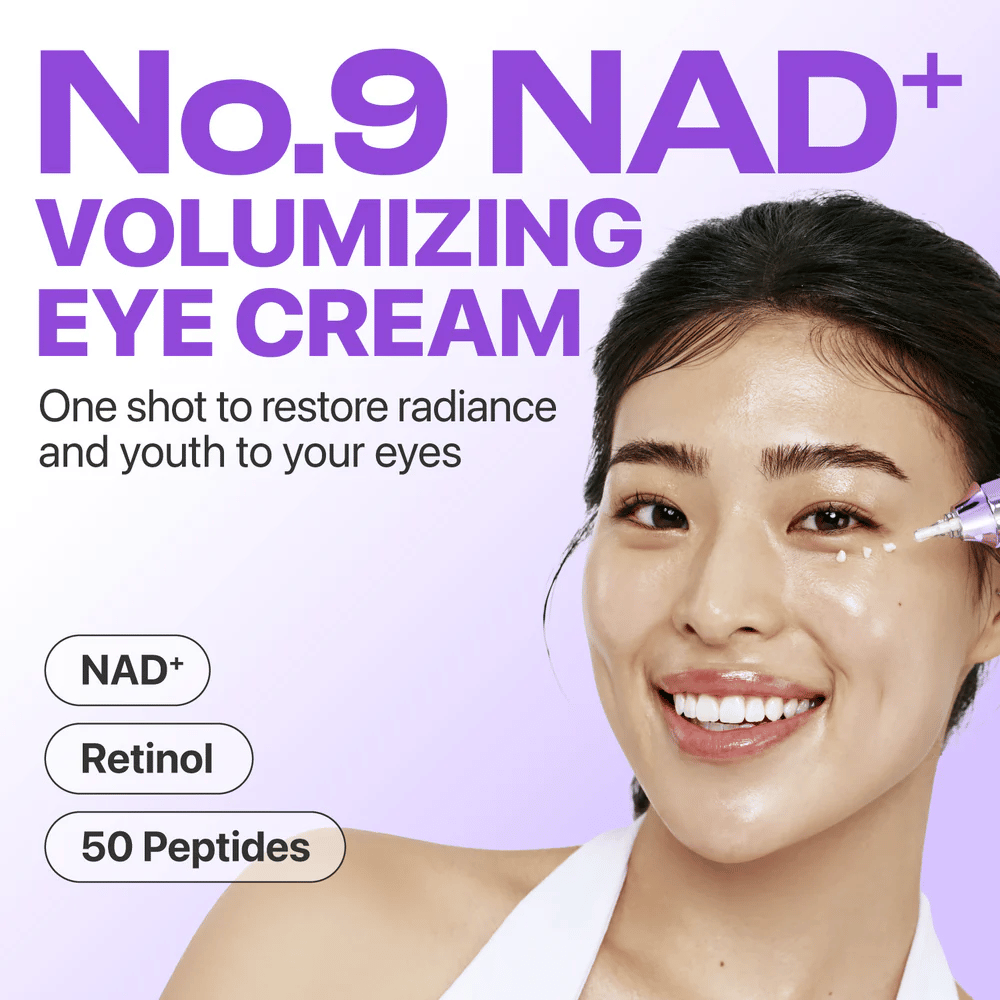 No.9 NAD+ Retinol Volumetox Eye Cream prezentovaný ako objemový očný krém, ktorý obnovuje lesk a mladistvý vzhľad okolo očí.