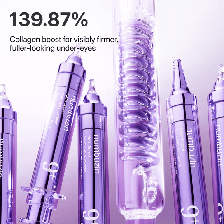 Ilustrácia ukazujúca kolagénový boost z No.9 NAD+ Retinol Volumetox Eye Cream, vyvinutá pre pevnejšiu a plnšiu pokožku pod očami s viditeľnými výsledkami.