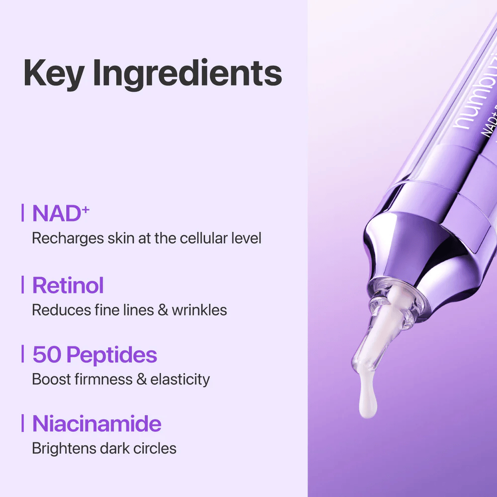 Kľúčové zložky v No.9 NAD+ Retinol Volumetox Eye Cream, s NAD+, retinolom, 50 peptidmi a niacínamidom, ktoré pomáhajú posilniť pokožku a znižovať jemné linky.