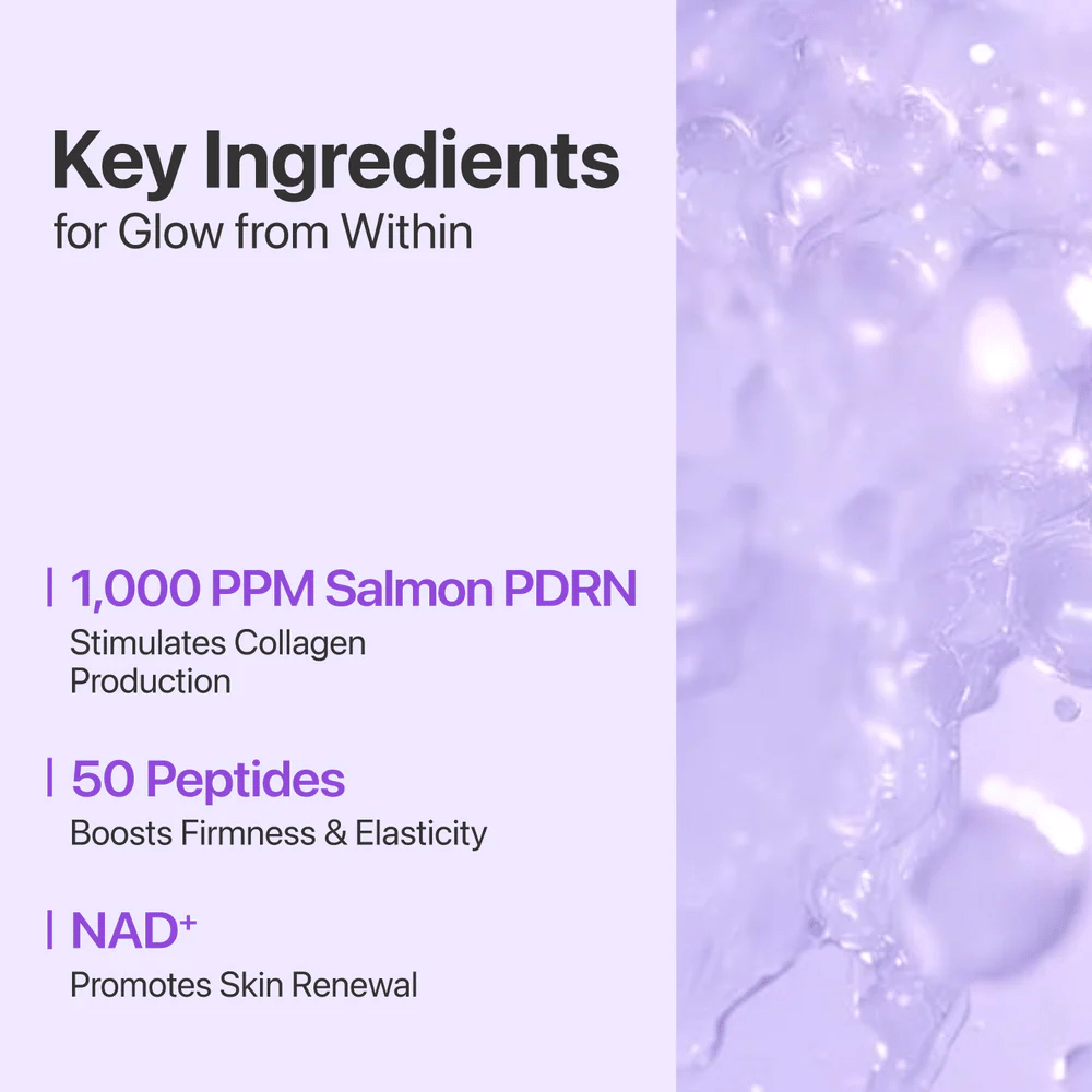 Text a pozadie ukazujú hlavné ingrediencie: 1000 ppm Salmon PDRN, 50 peptidov a NAD+, ktoré posilňujú, hydratujú a obnovujú pleť.