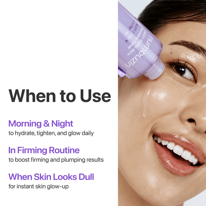 Žena nanáša Numbuzin No.9 Toner na líce. Text: „Kedy použiť – Ráno a večer, v spevňujúcej rutine, keď pleť vyzerá matne.“