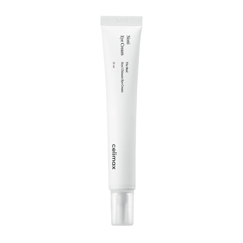 Noni Eye Cream v bielej tube s priehľadným uzáverom. Produkt je od značky Celimax a obsahuje 20 ml. Text na tube uvádza, že je to výživný očný krém.