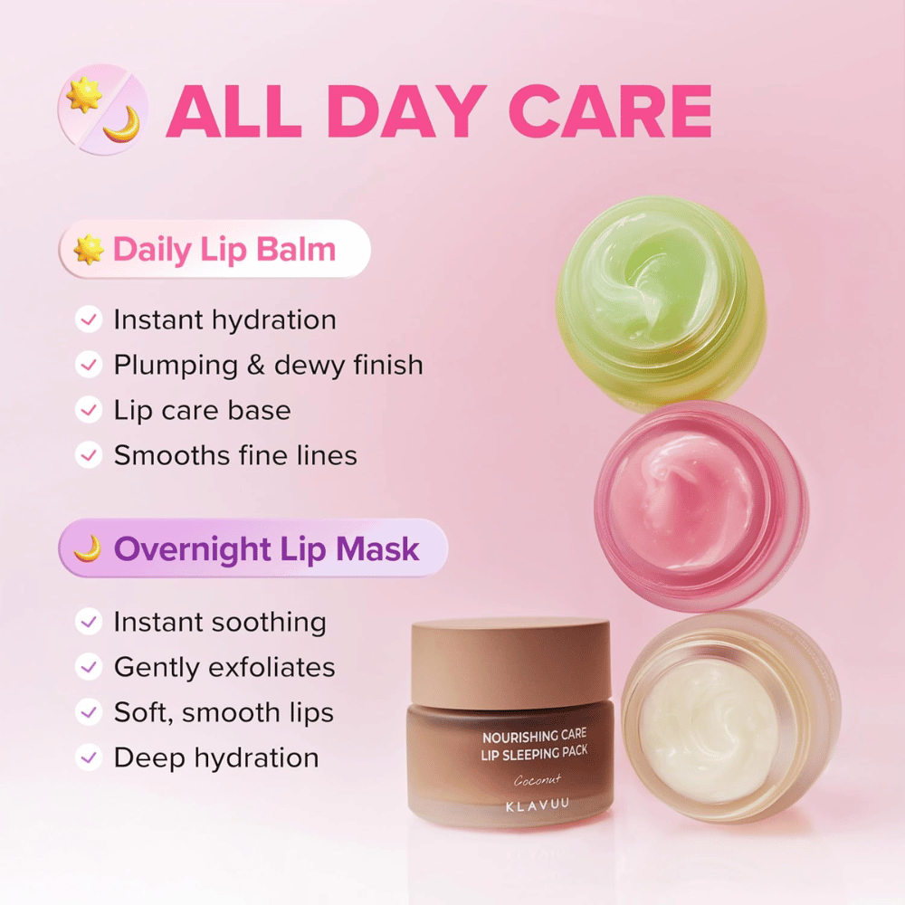 KLAVUU Nourishing Care Lip Sleeping Pack Coconut možno používať ako balzam na pery cez deň alebo ako intenzívnu masku na pery na noc pre jemné pery.